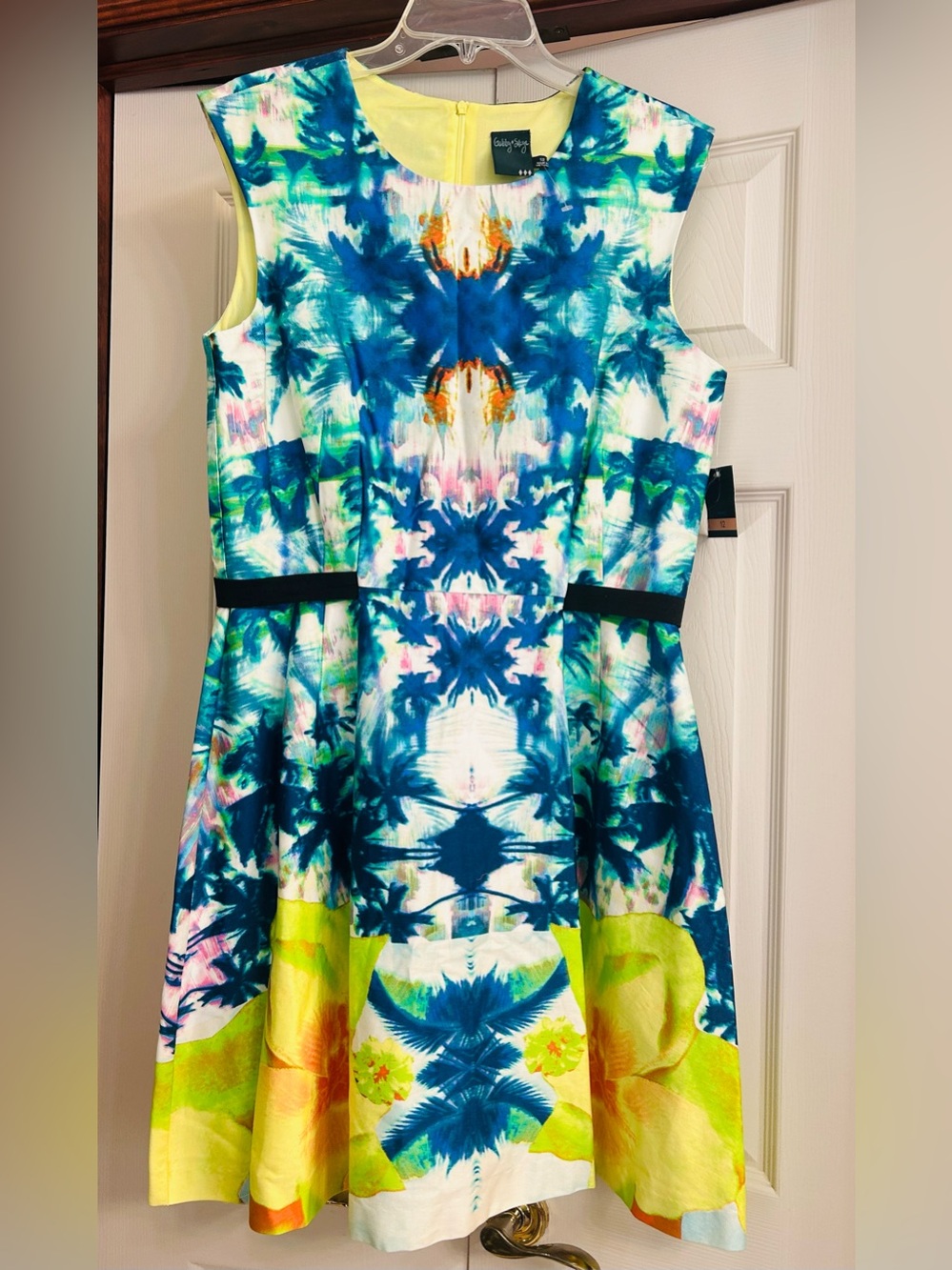 Gabby Skye Blue, Yellow & Orange Abstract Fit-and-Flare Dress.  New With Tags